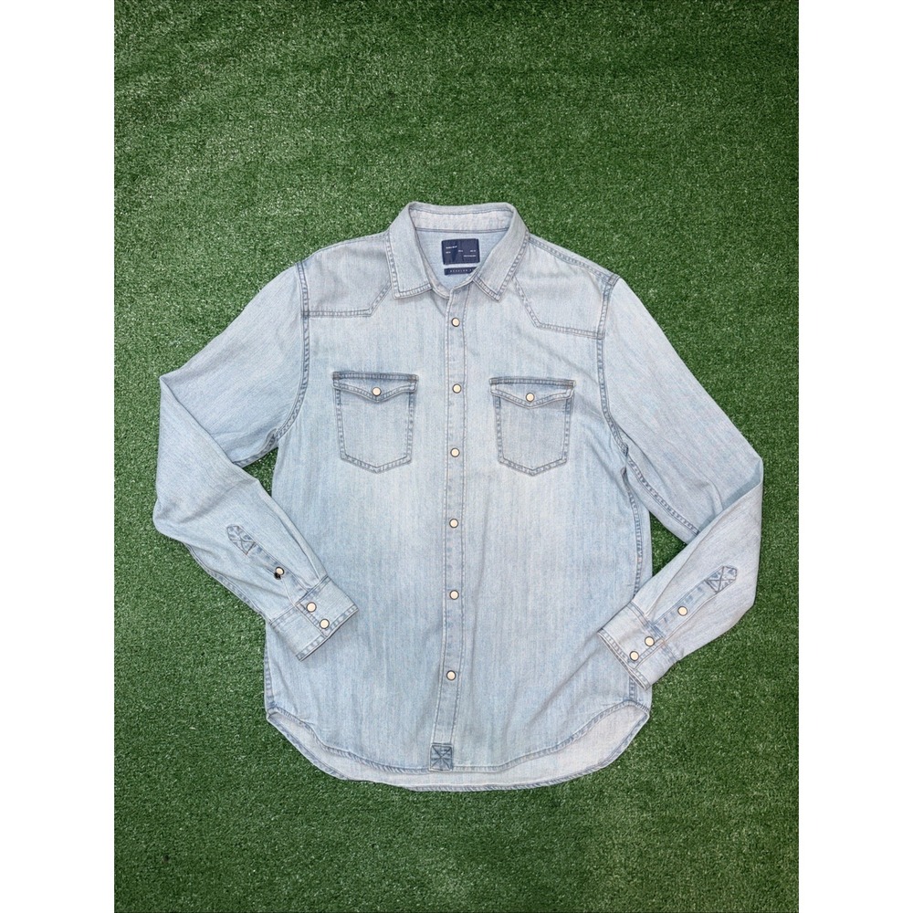 ZARA Denim Shirt Medium Blue Mens Long Sleeve Pearl Snap